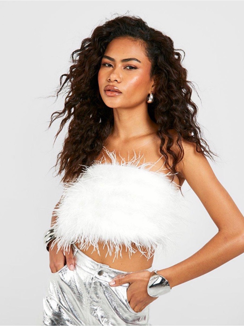 Boohoo White Feather Trim Crop Tube Top